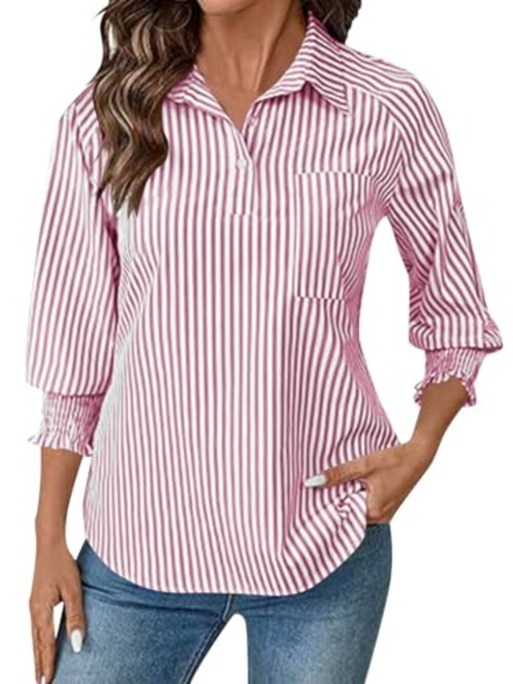 🆕 Button Down Shirts for Women Oversized Striped Long Sleeve Collared V Neck - Picture 2 of 6